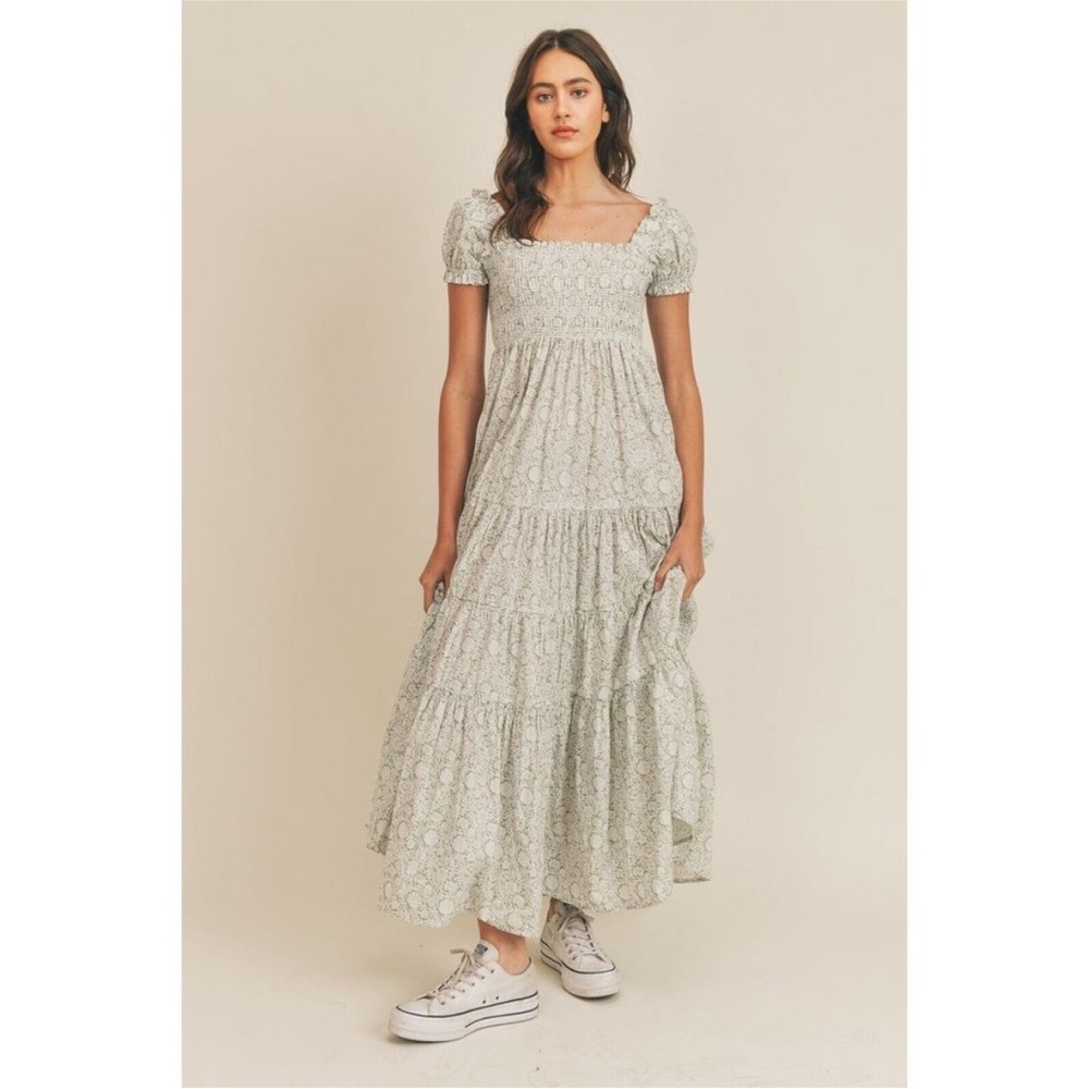 MABLE Sally Smocked Ruffle Tiered Cream & Green Floral Dress